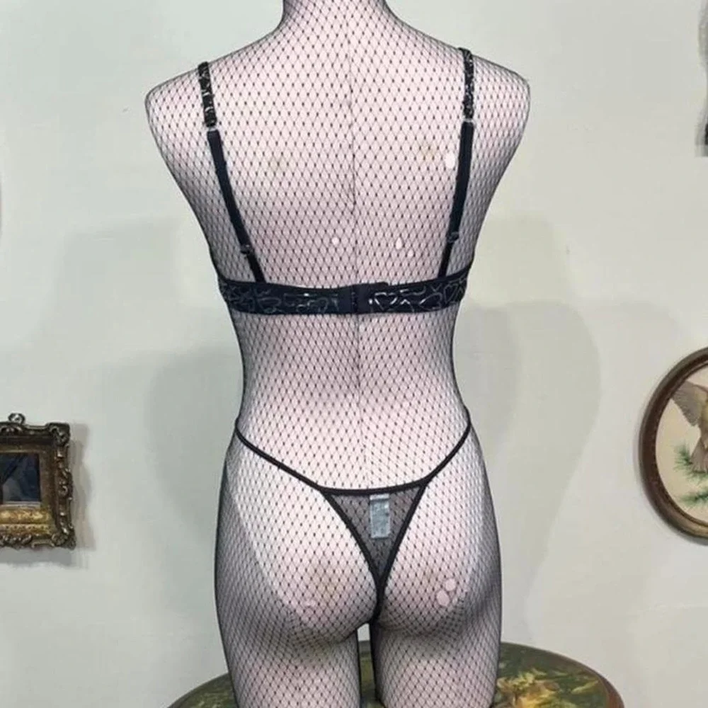 Arella Lingerie Black‎ & Silver Heart Print Bra Thong Set – Y2K Lingeriecore 34B